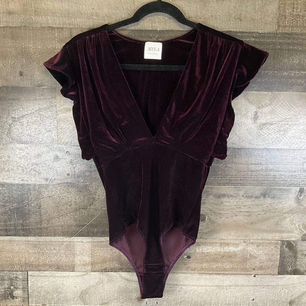 Misa Women’s Size Small Leila Velvet Bodysuit Burgundy Deep V Ruffle Sleeve